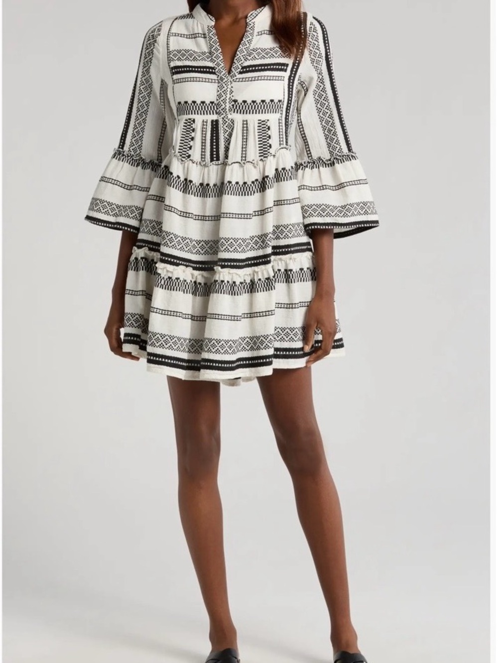 Elan Boho Black & White Tiered Mini Dress cotton like free people L